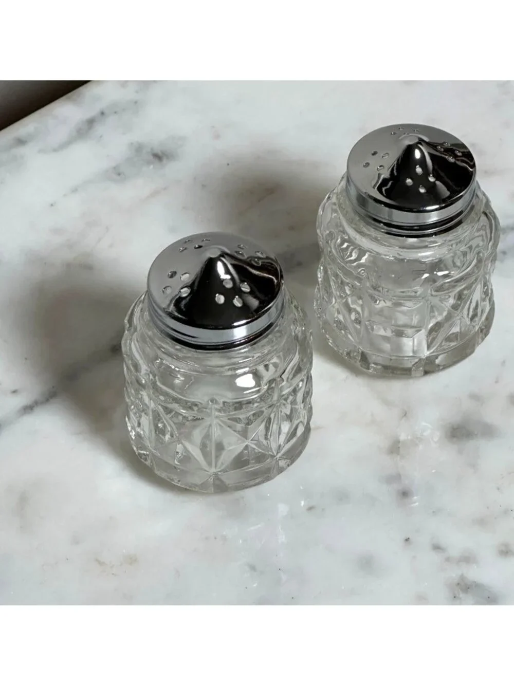 Vintage Glass Salt & Pepper Shakers With Metal Lids Starburst Pattern 3 Inches